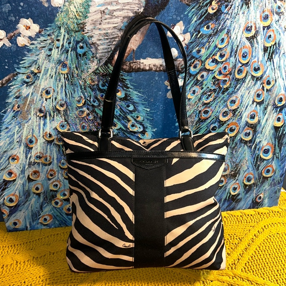 Vintage Y2K Coach Canvas Zebra Print Tote Shoulder Bag